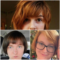 Asked for a bang trim and chocolate brown hair color Top image is the reference for the bangs Bottom right is what my hair looked like when I walked into the salon Bottom left is what I looked like when I left the salon