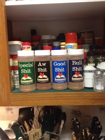 Asked mother where some seasoning was for steaks  Theres a bunch of shit in the cabinet