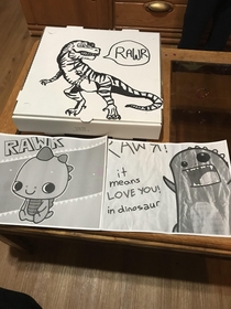 Asked our local pizza place to draw a Dino on the box for our son whose been sick they delivered amazingly and made both his and our night