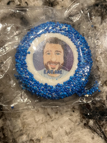 At his th birthday party my brother gave out cookies with his face on them that said Eat Me