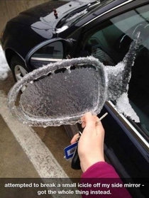 Attempted to break an icicle off side mirror