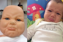 Baby on the left is a doll from our parenting class in February Baby on the right is our daughter who was born  months later