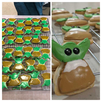 Baby Yoda cookies Expectation on right my attempt on left Mine still need eyes