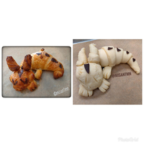 Before and after baking the croissant dragon