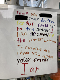 Before CoVid quarantine my local sewer district gave th grade student tours of the facility After the tours the sewer district would receive letters from the students This is now hung on display Ian you okay