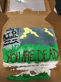 Bought a guy a cake that was leaving for another company Told them to write Youre dead to us They ran out of room on the cake and just threatened his life