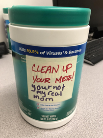 Bought Clorox wipes for the break room because I thought I worked with a bunch of children Turns out I do
