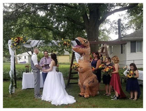 Bridesmaid shows up in T-rex costume for her sisters wedding after the bride told her to wear whatever she wants