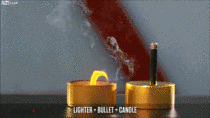 Bullet shot through a lighter near a candle