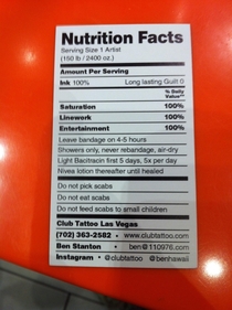 Business card for Vegas tattoo shop shows nutritional facts of the tattoos they give