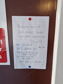 Caretaker at father in laws apartment block put a sign up about thieves and someone is trolling them contains scottish dialect which some readers may not understand