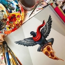 Check out this sick painting of a heroic pigeon carrying pizza