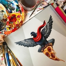 Check out this sick painting of a heroic pigeon carrying pizza