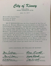 City of Kinney secedes from USA in  as stunt to receive aid to repair water system We will be glad to declare warif this is a requirement we would appreciate being able to surrender real quick as our mayor works as a nurse in a hospital