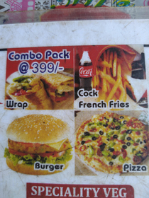 Combo meal with pizza burger wrap fries and cock