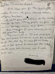 Coworker found this letter in a janitorial supplies closet at my work It was discovered next to a box of sterile pads dated  Full letter is in the comments