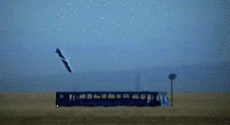 Cruise missile striking a bus through its sunroof