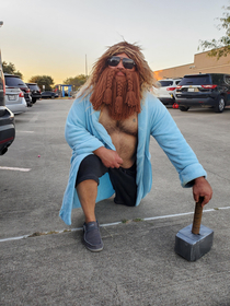 Dad went last minute shopping and came out as Fat Thor to take my son trick or treating lol