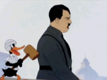 Daffy Duck hitting Hitler with a hammer 