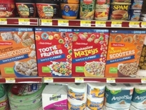 Every off-brand cereal name in this picture sounds like a weird euphemism for a gay person