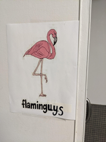 Every year the secretary in our office decides on a Christmas theme centered around animals For some reason this year its flamingos This is the sign for the mens restroom womens restroom says flamingirls Not sure she thought this through But maybe she did