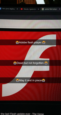 Everybody is happy about new year but everyone is fogetting that this is the last day og adobe flash May we hold a moment of silence for it