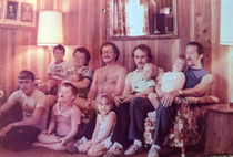 Family pic of my mom her  brothers and their kids Uncle Steve chose to wear only short shorts that day