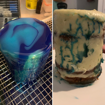 First attempt at a mirror glaze cakeleft was how it initially started off and the right is what we ended up with 