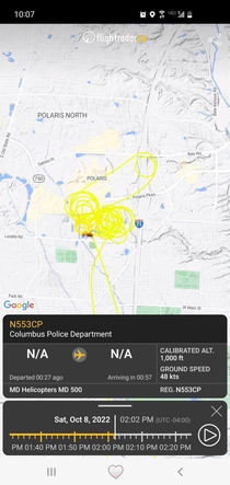 Flight radar path of Columbus Police Department helicopter on the lookout for armed robbers today