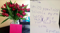 Flowers and a note sent by a nd grader to his Teacher in Cypress TX