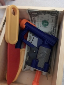 Found out my three year old daughter keeps a box with a knife a gun and some cash Should I be worried