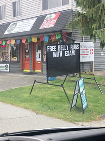 Free Belly Rubs had to do a double take until I noticed it was a Veterinarian