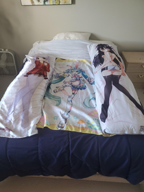 Friend from England is coming to visit Canada and stay in my guest room Finally found a use for the bargain bin pillows I brought home from Japan He is not allowed to remove them