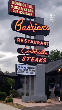 Funny sign at a steakhouse in Denver CO Bastiens