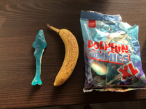 Girlfriend Bought those fish gummies but they are a bit larger that usual Banana for scale