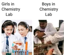 Girls and boys in chemistry lab