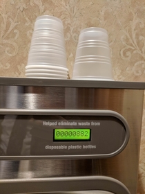 Good thing they are fighting plastic waste with this fancy new water fountain that shows how many bottles of water theyve saved
