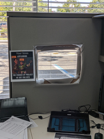 Got new cubicles installed at work They were installed incorrectly blocking the window so my boss improvised