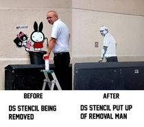 Graffiti artist DS mocking his stencil remover