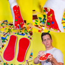 Hate stepping on Legos I made a pair of lego socks so simply pick them up as you go pain-free