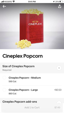 Havent been gouged for popcorn at the theatre lately Cineplex  UberEats to the rescue  for a large with butter after fees but pre tip