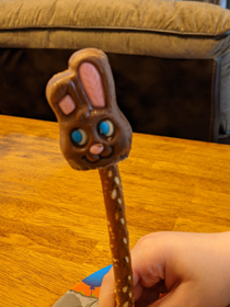 Head on a pretzel pike as a warning to other chocolate bunnies