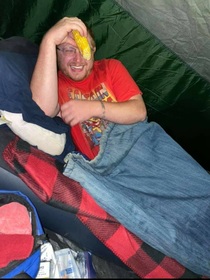 Heard a weird crunching in our tent while camping look over to find my cousin enjoying an ear of corn very intoxicated
