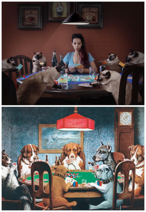 Hey everyone I tried to recreate the famous painting dogs playing poker with my beloved cat 