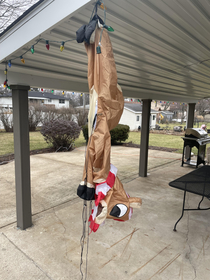 Hung inflatable Rudolph up to dry out and it apparently made the neighbors sad