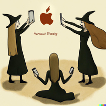 I asked a GPT- AI called Doll-E to create Witches summoning Steve Jobs and this is what it came up with