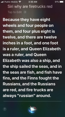 I asked Siri why fire trucks are red And this was the answer