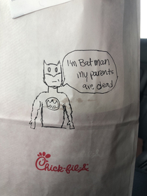 I asked the folks at Chick-fil-A to draw Batman on my to go bag They did not disappoint