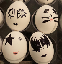 I cant wait for my gf to get home and find that Ive drawn the band Kiss on the eggs