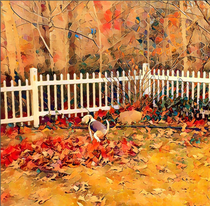I captured the beautiful moment of my dog deciding to take a shit directly in my leaf pile I put it through an oil painting filter and will hang it in my bathroom to remember her forever